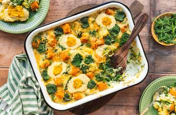 Vegan Potato Bake with Spinach, Plant-Based Fish Fingers and "Egg"